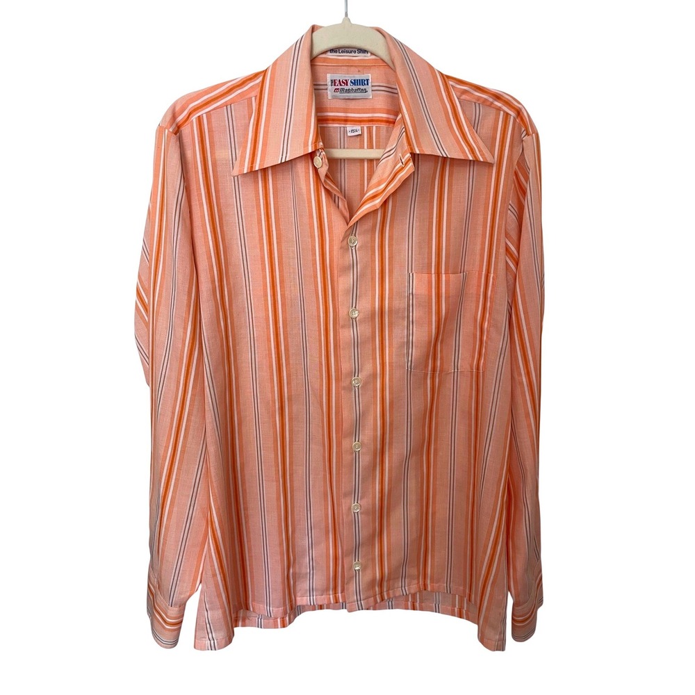 Vintage 70s Manhattan Easy Shirt Leisure Shirt Peach Orange Striped Disco  15.5